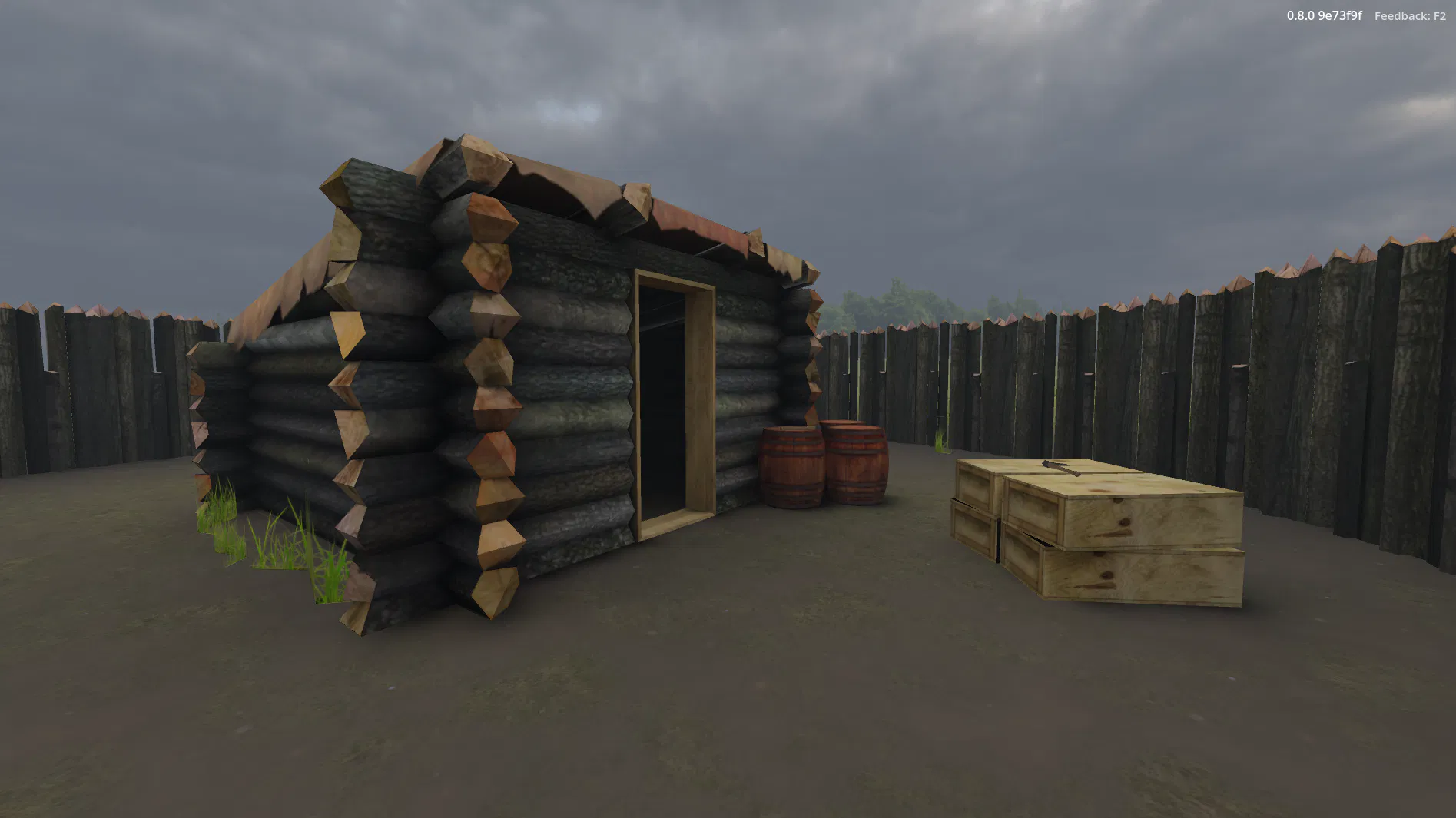 A close-up view of the log storehouse inside the fort, with two barrels and a supply crate nearby.